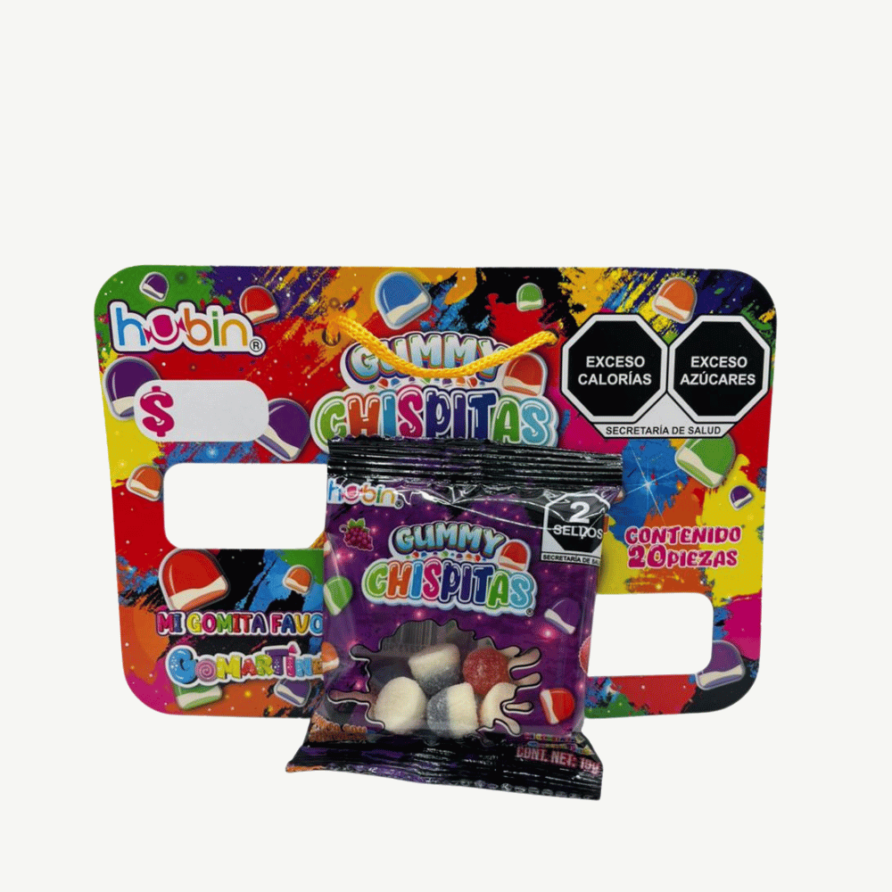 Gomitas Hubin Chispitas sabor frutal con textura suave y colores llamativos, 20 unidades.