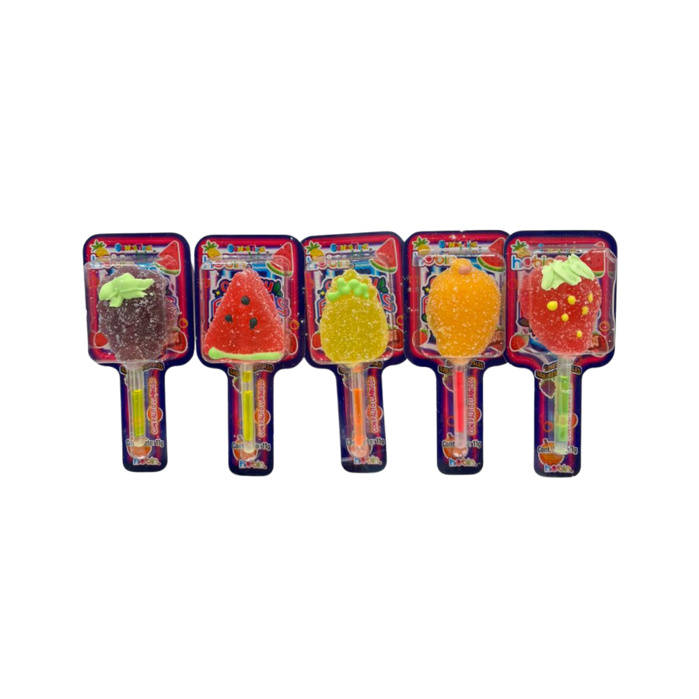 Gomitas Hubin Frutita Pop Neon de sabores frutales y textura suave, display con 30 unidades.