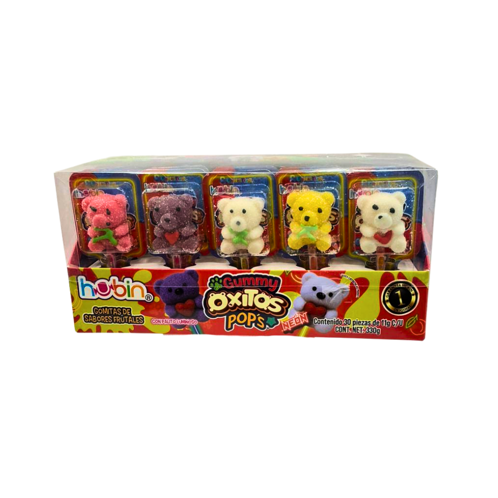 Gomitas Hubin Ositox Pop Neon de sabores frutales y textura suave, display con 30 unidades.