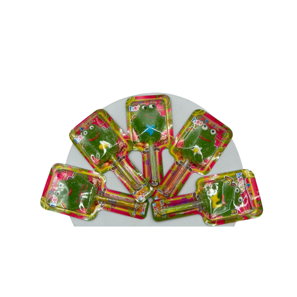 Gomitas Hubin Ranitas Pop Neon de sabores frutales y textura suave, display con 30 unidades.