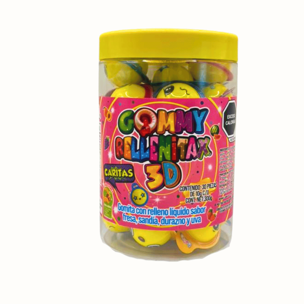 Gomitas 3D Hubin Rellenitax con forma de caritas y relleno frutal, suaves y dulces, 30 unidades.