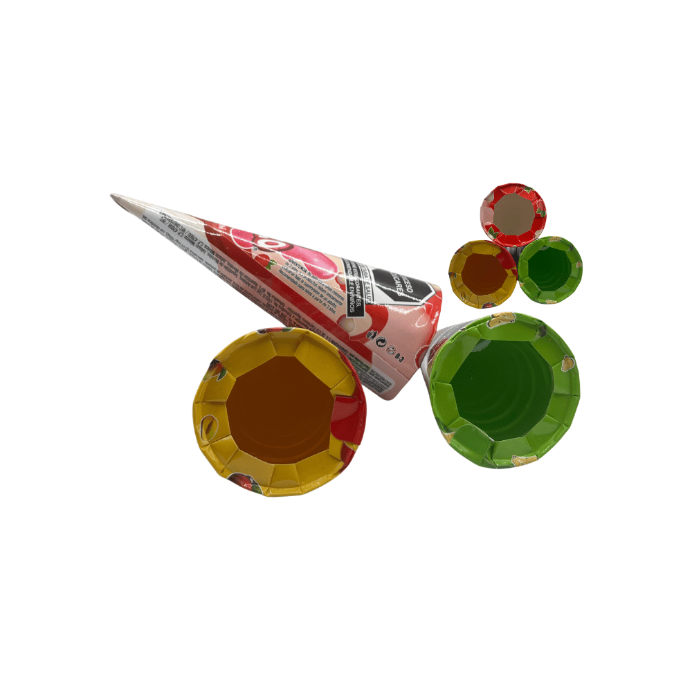 Barquillo crujiente Hubin Jelly Conito con relleno de gelatina frutal en caja con 24 piezas.