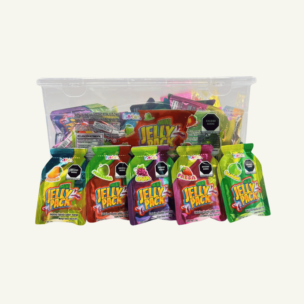 Mini gelatinas Hubin Jelly Pack con sabores frutales surtidos en presentación de 60 piezas.