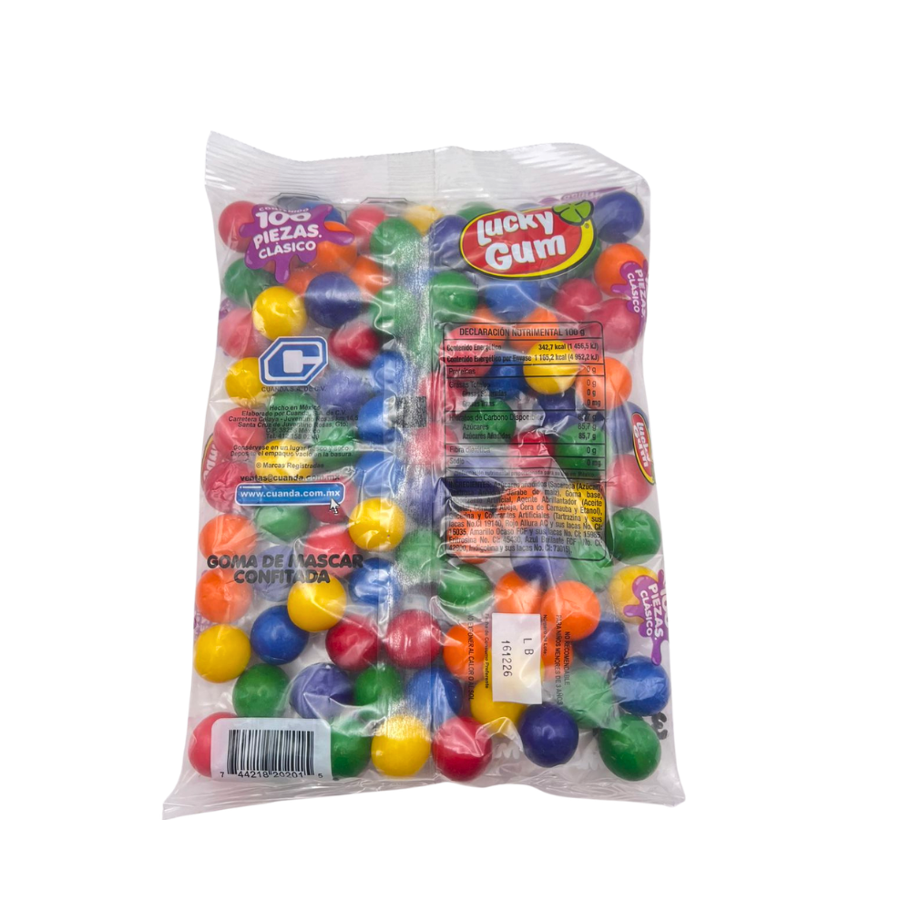 Chicles Luck grandes de sabores frutales surtidos en paquete granel con 100 piezas.