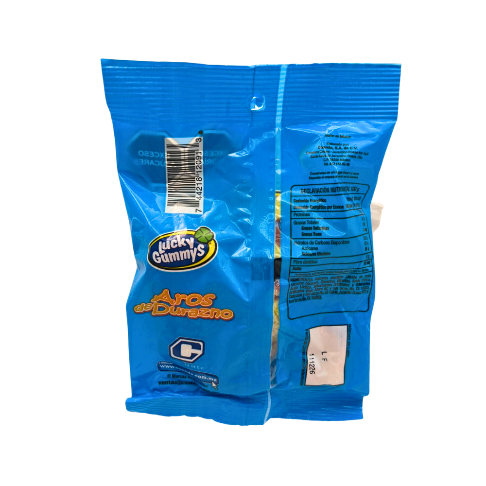 Aros de durazno Lucky Gummy con sabor frutal intenso y presentación en bolsa de 96 g.