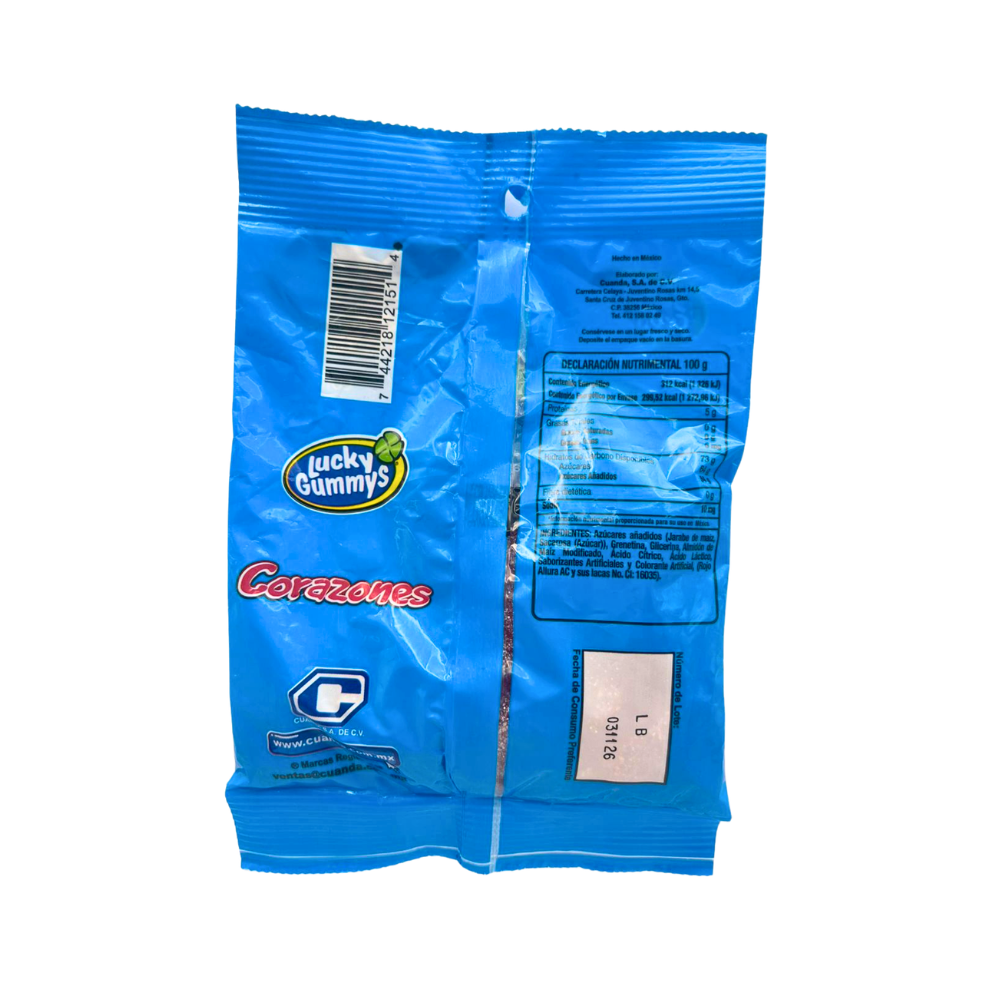 Gomitas Lucky Gummy corazones suaves y dulces con cobertura ligera, presentación de 96 g.
