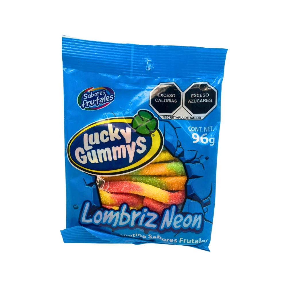 Gomitas Lucky Gummy en forma de lombriz neón, suaves y frutales, presentación de 96 g.