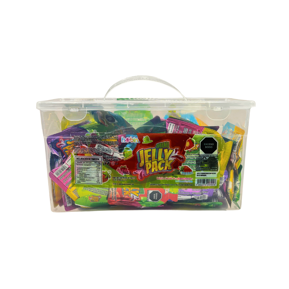 Gelatinas Hubin Mini Jelly Pack suaves y dulces con sabores frutales, display con 60 unidades.