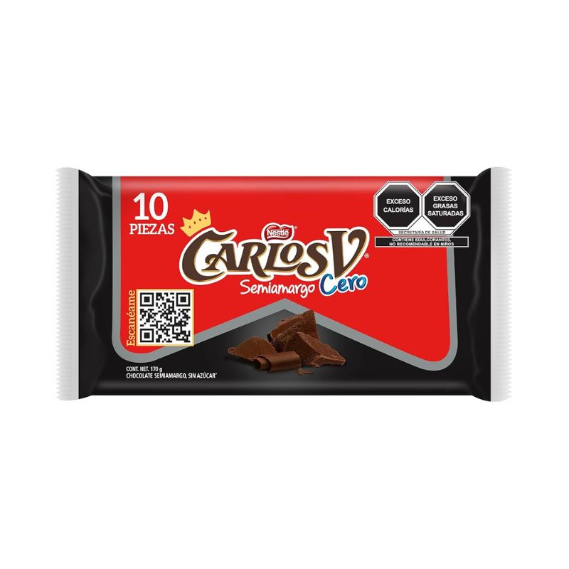 Chocolate Carlos V semi amargo cero azúcar 17 g 10 pz