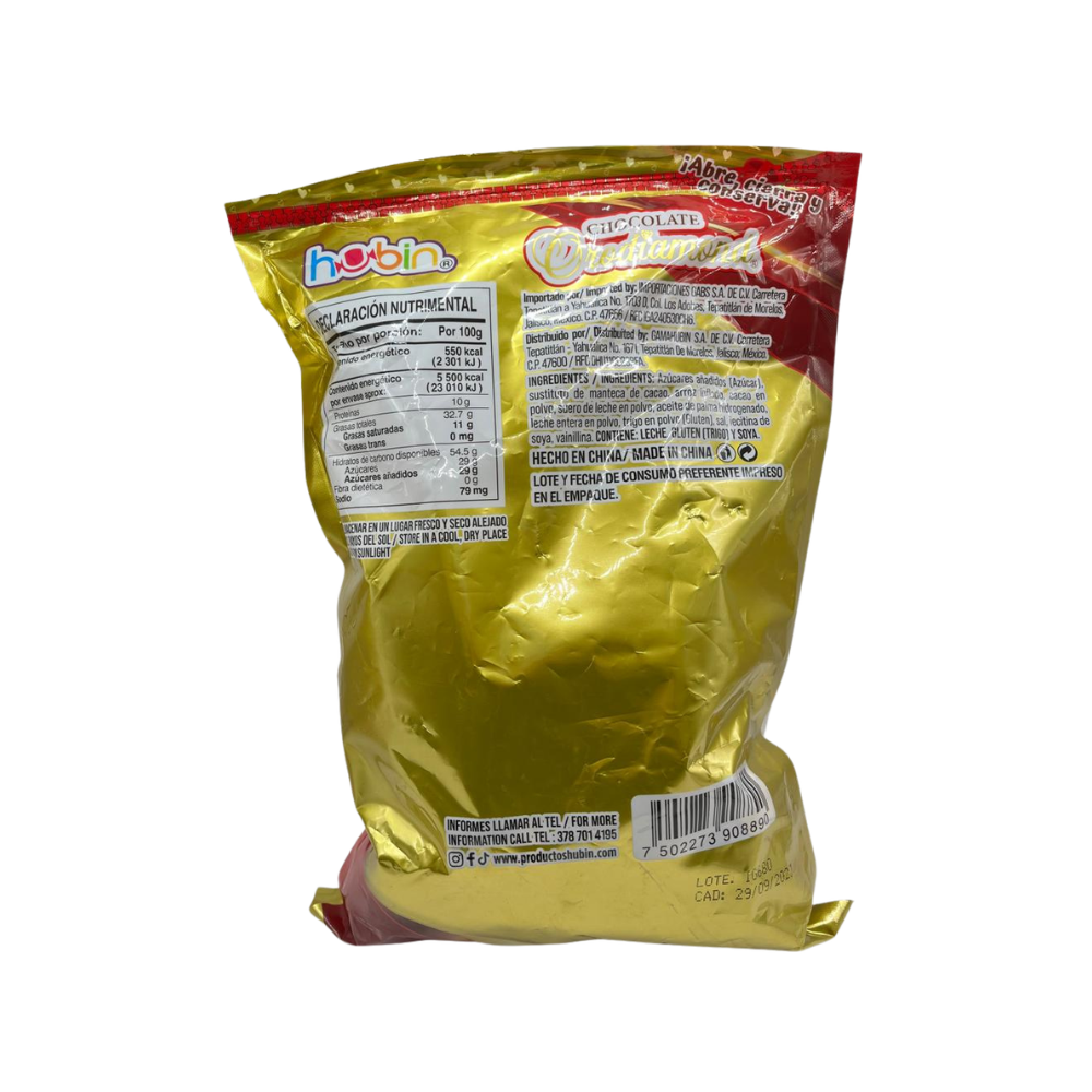 Chocolates Hubin Orodiamond color dorado con sabor chocolate, contenido 1 kg con aproximadamente 90 piezas.