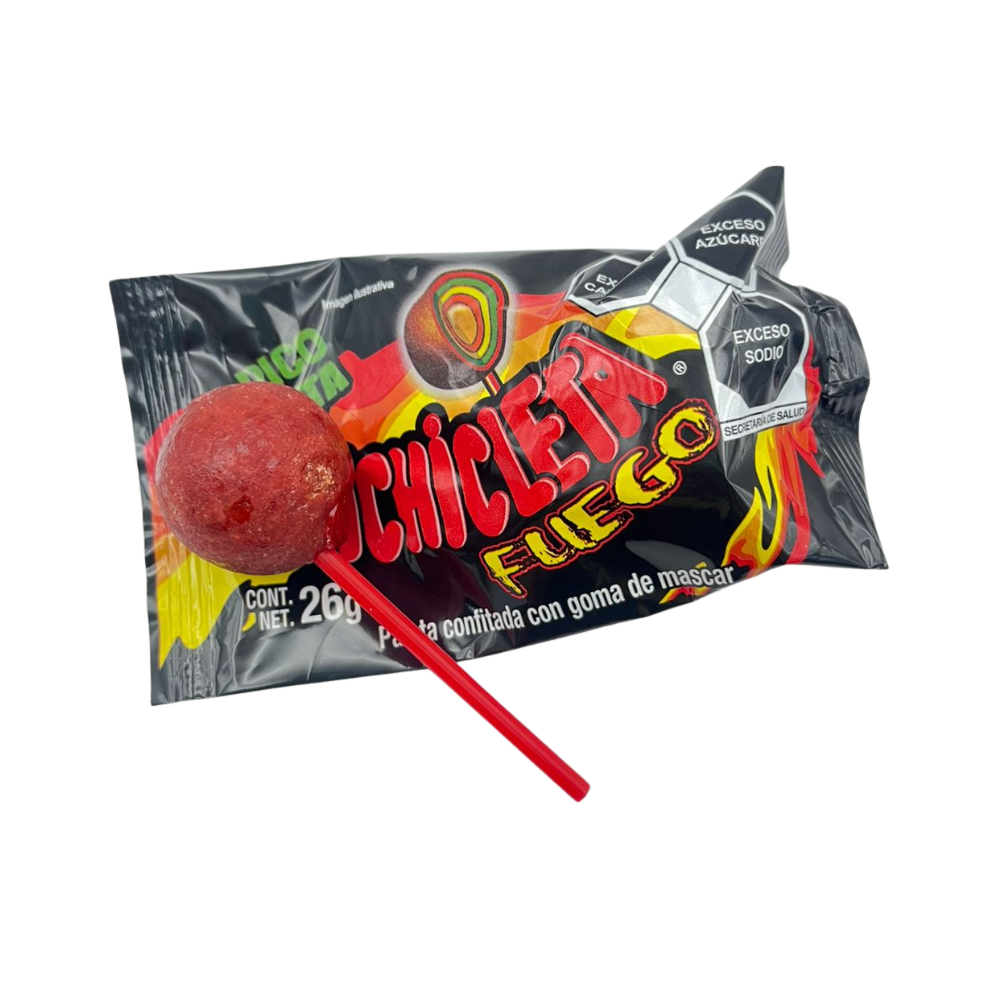 Tira de paletas Pachicleta Fuego con sabor enchilado y centro de chicle
