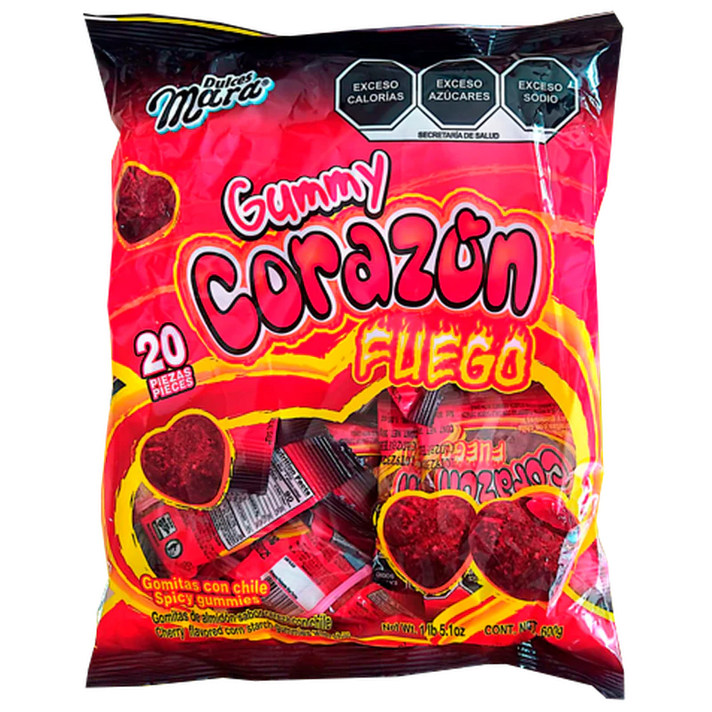 Gomitas Corazón Fuego de Mara, sabor picante, bolsa de 20 piezas, 600 g