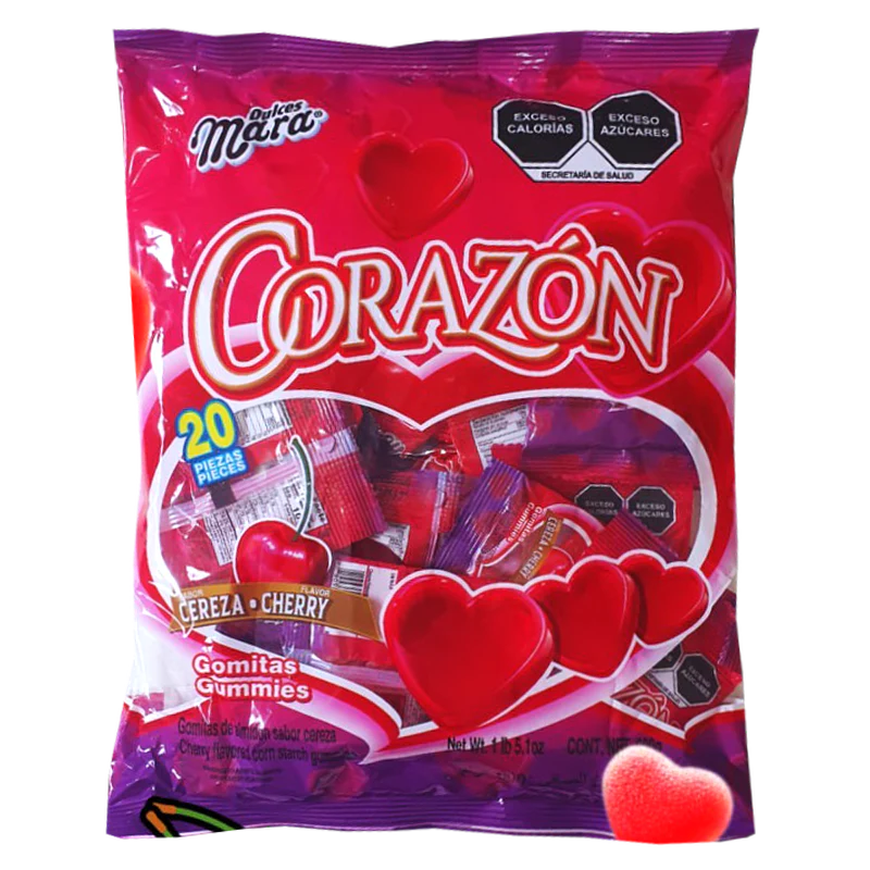 Gomitas Corazón Cereza de Mara, sabor cereza, bolsa con 20 piezas de 600 g