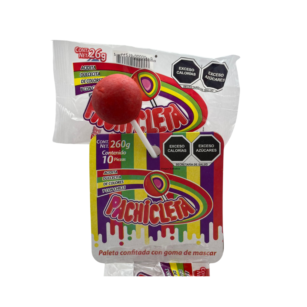 ira de paletas Pachicleta con relleno de chicle y sabores frutales surtidos.