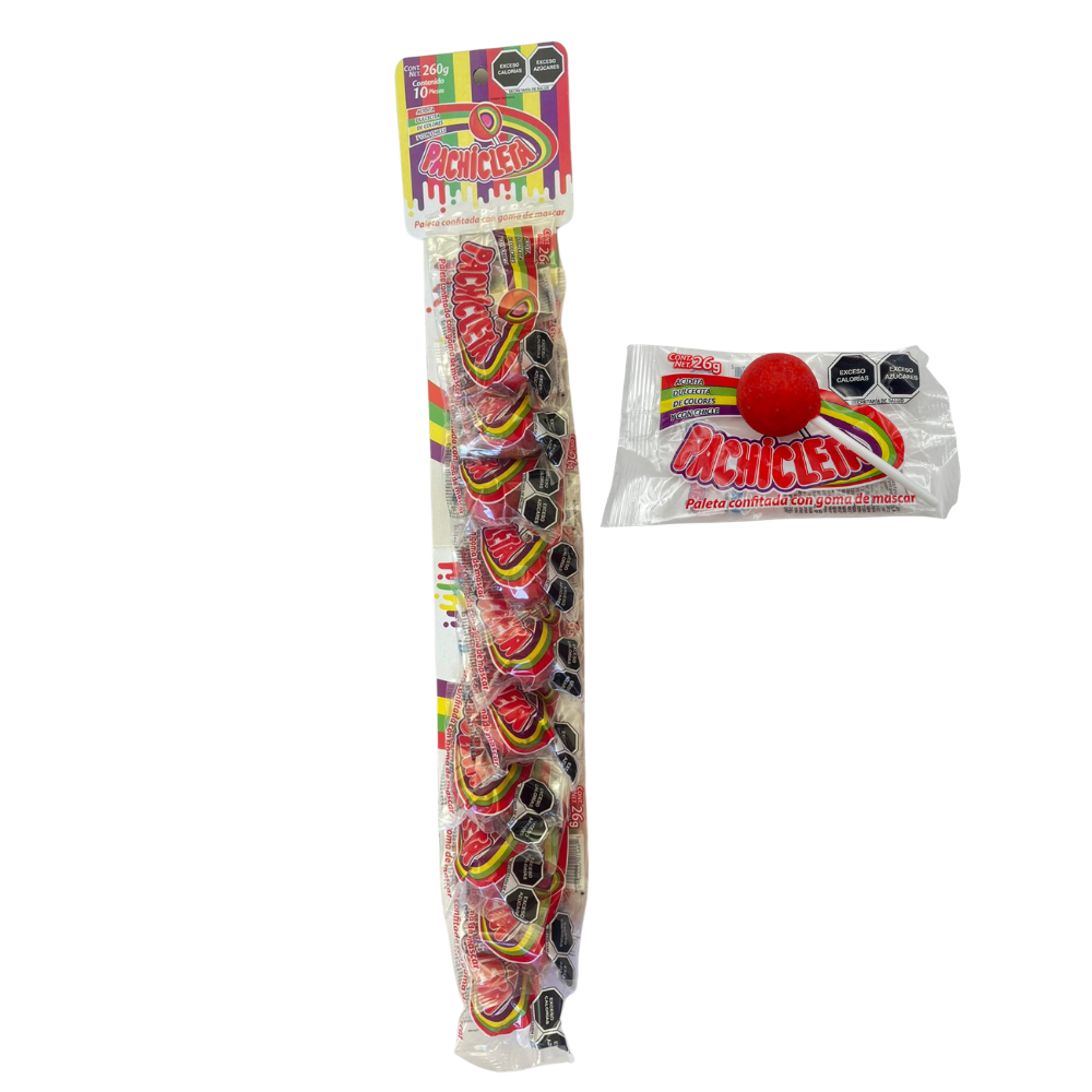 Paletas Pachicleta con centro de chicle en tira de 10 piezas con sabores frutales surtidos.