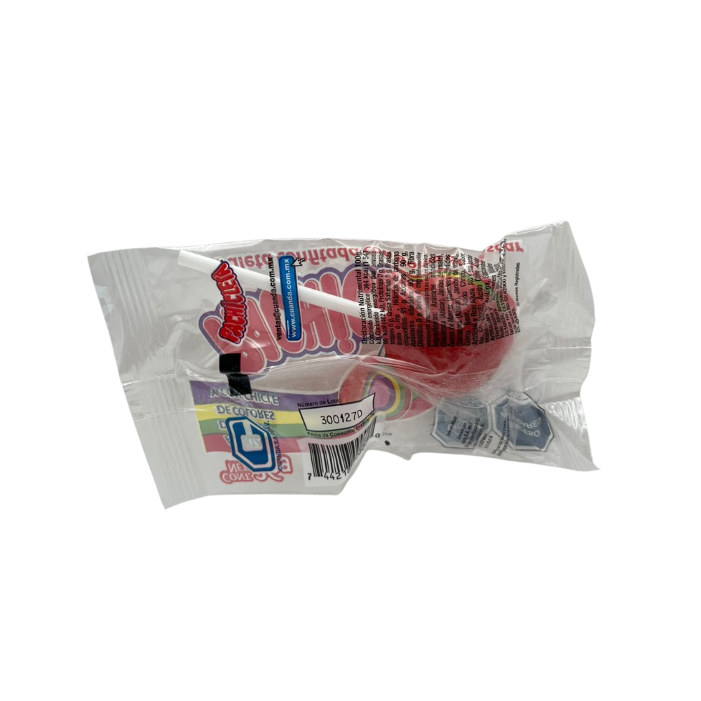 Paletas Pachicleta con caramelo y centro de chicle en presentación de 10 piezas.