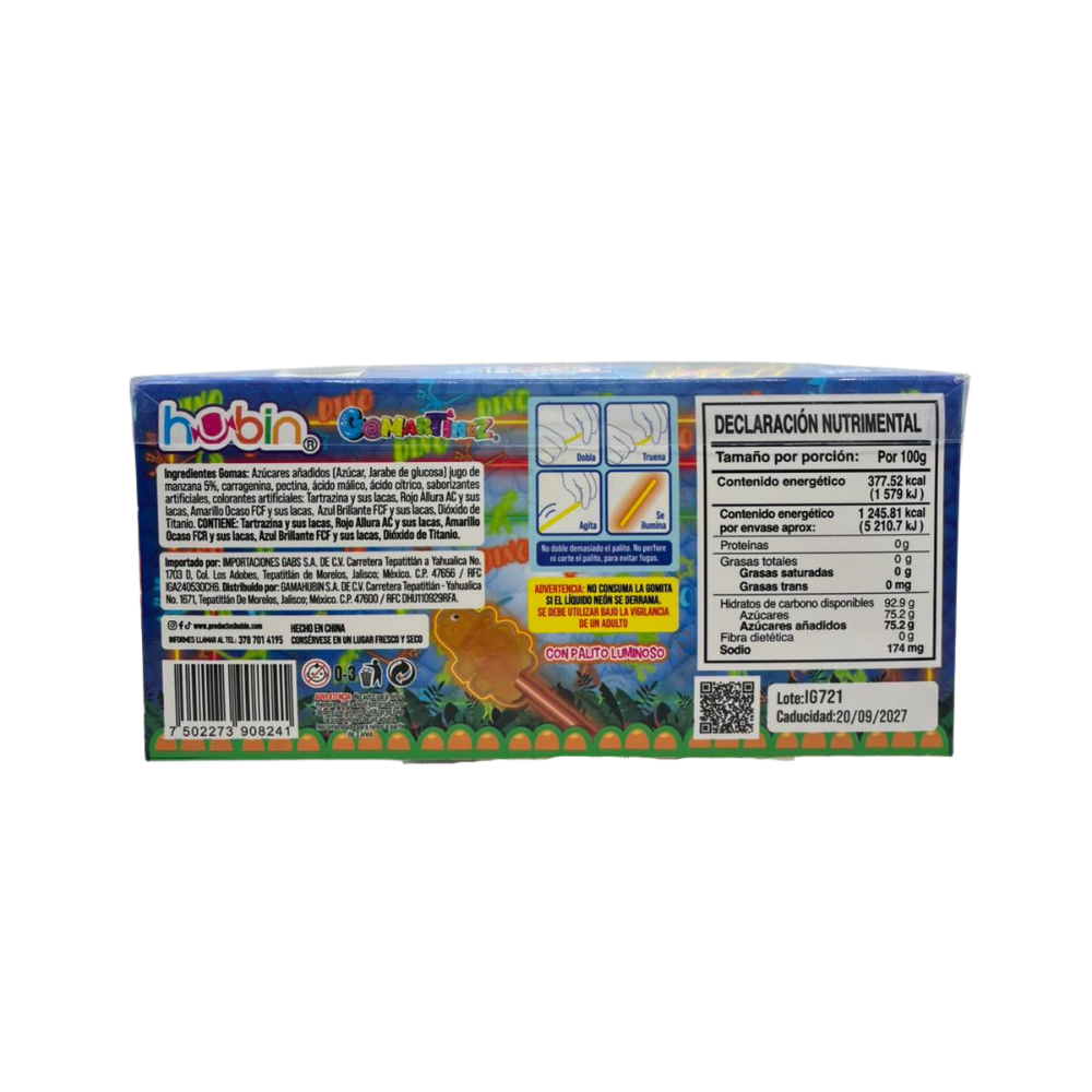 Paletas en forma de dinosaurio de gomitas que brillan en la oscuridad