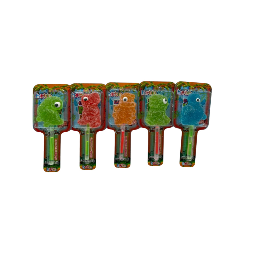 Paletas de gomitas en forma de dinosaurio que brillan en la oscuridad