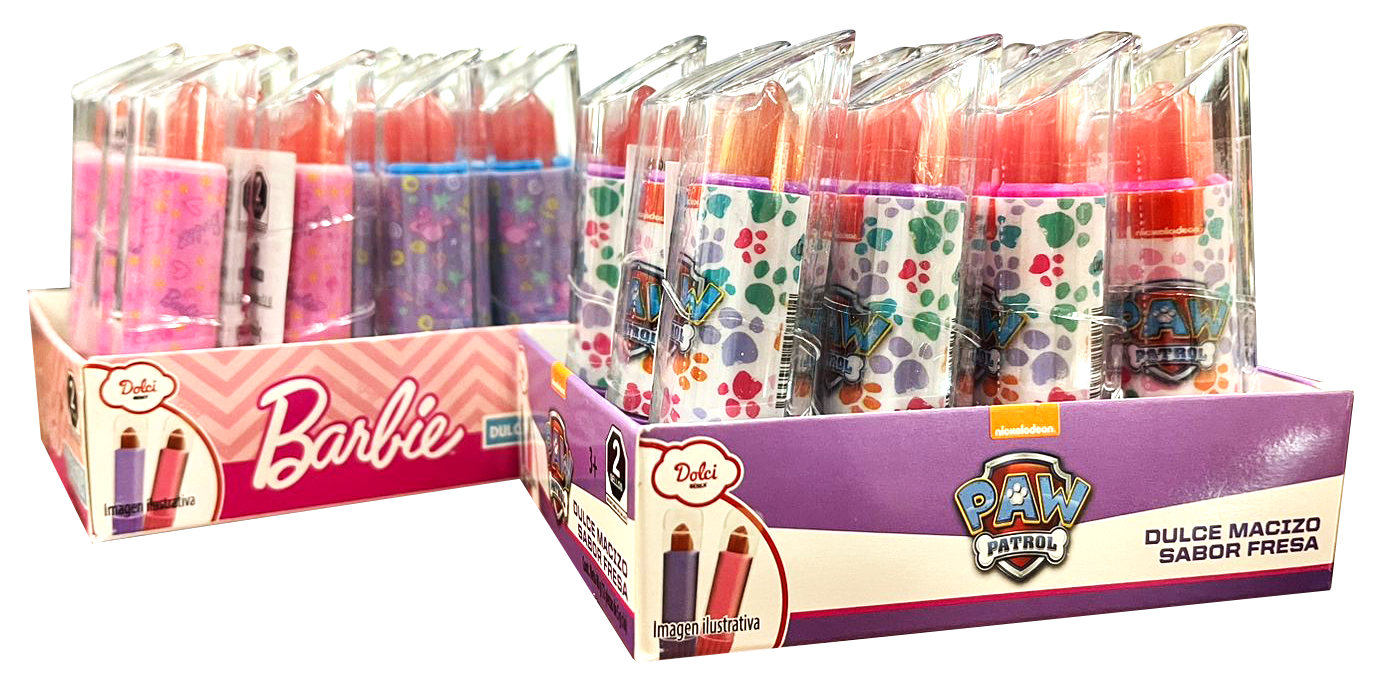 Pintalabios de caramelo paw patrol y barbie