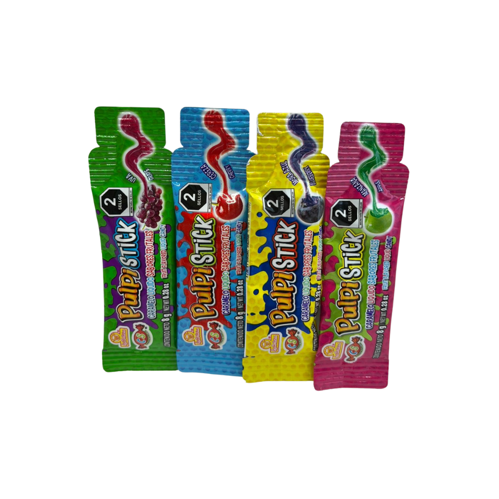 Pulpi Stick caramelo líquido sabores frutales surtidos en bolsa con 36 piezas y 288 g de contenido.