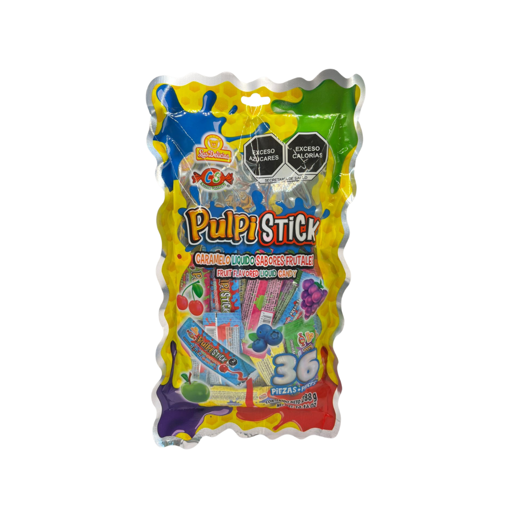 Dulce Pulpi Stick de caramelo líquido sabor frutal en presentación de 36 piezas.