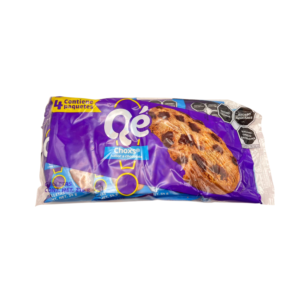 Galletas Qé Choxs sabor chocolate con chispas en presentación de 216 g.