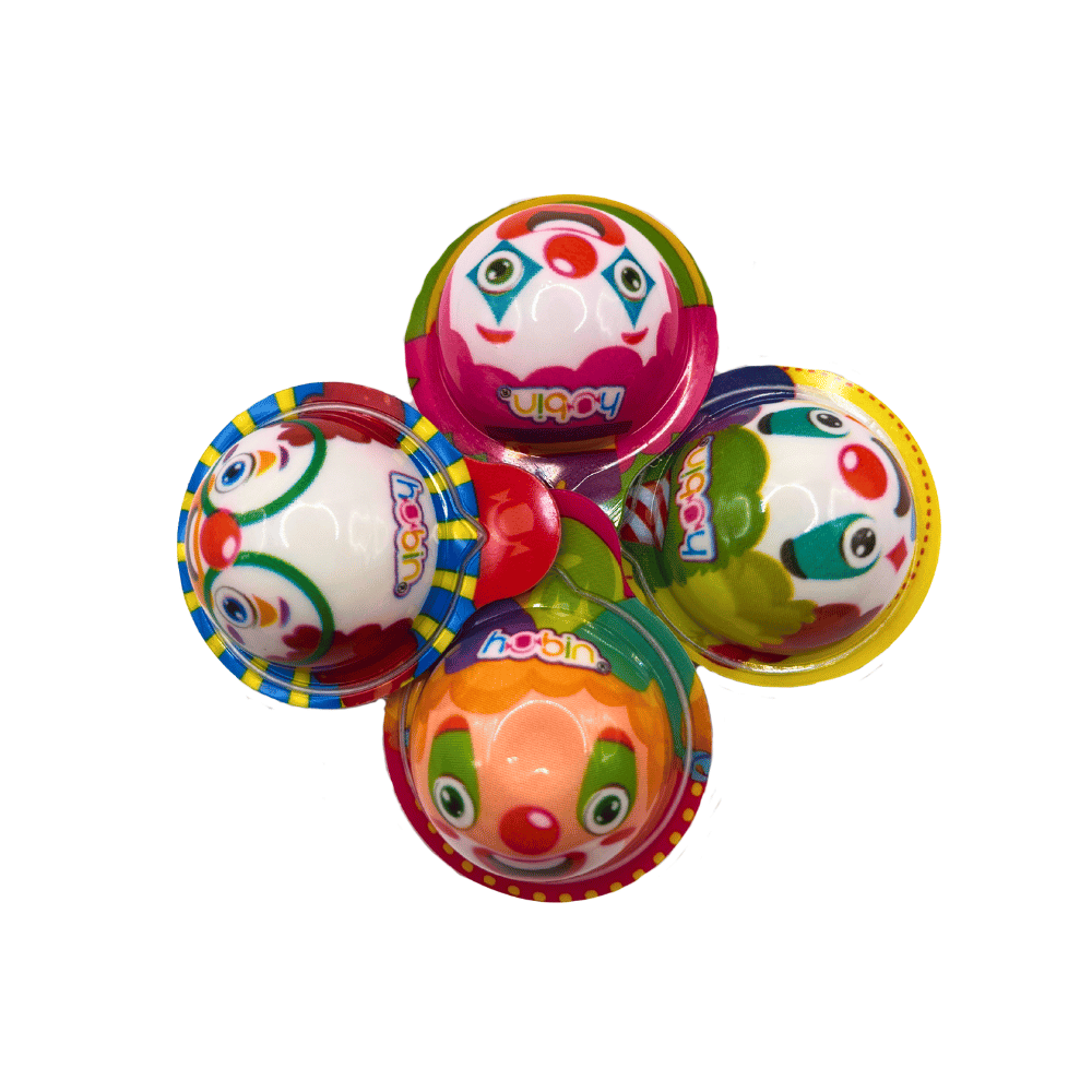 Gomitas Hubin Rellenitax 3D Payasitos con relleno líquido frutal y textura suave, display con 30 piezas.