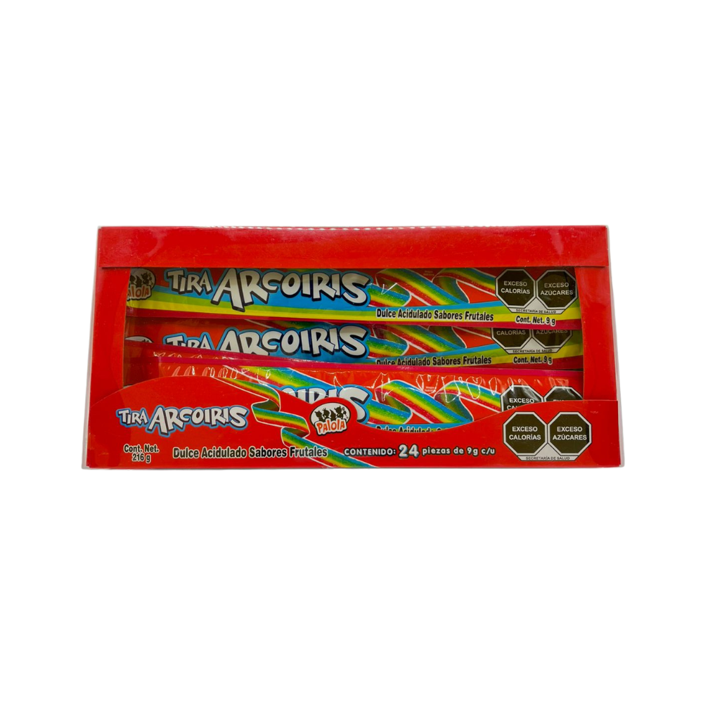 Dulce Tira Arcoíris acidulado con sabores frutales y colores vibrantes en display de 24 piezas.