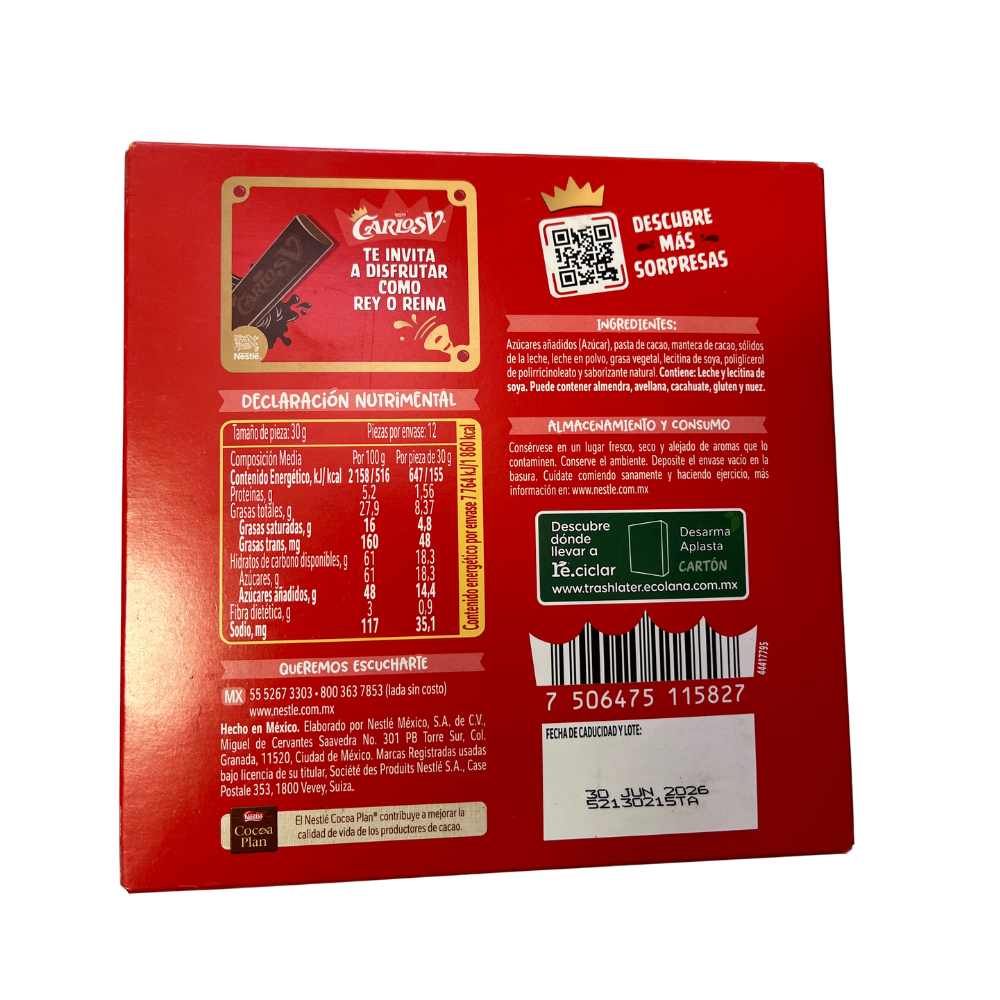 Caja de chocolate Carlos V King 12 barras de 30 gramos total 360 g