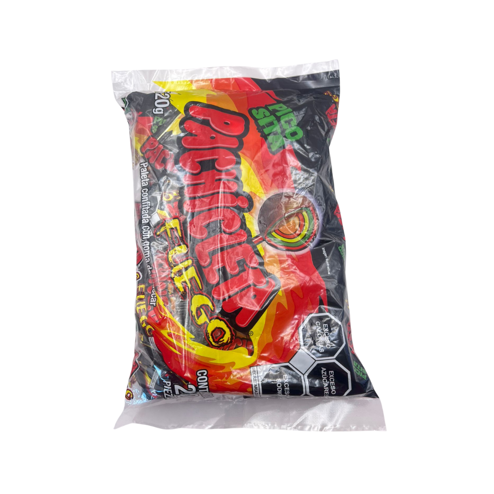 Bolsa con 20 paletas Pachicleta Fuego sabor picante con centro de chicle
